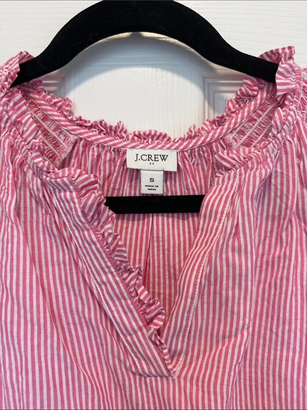 J. Crew Pink Striped Ruffle-Neck Cap Sleeve Top